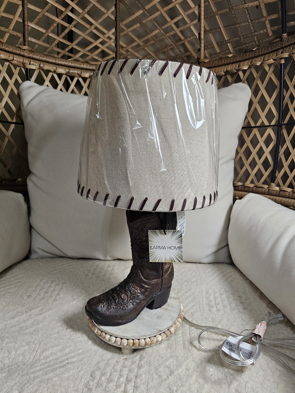 Karma Home Brown Cowboy Boot Table Lamp with Beige Shade Viral Htf